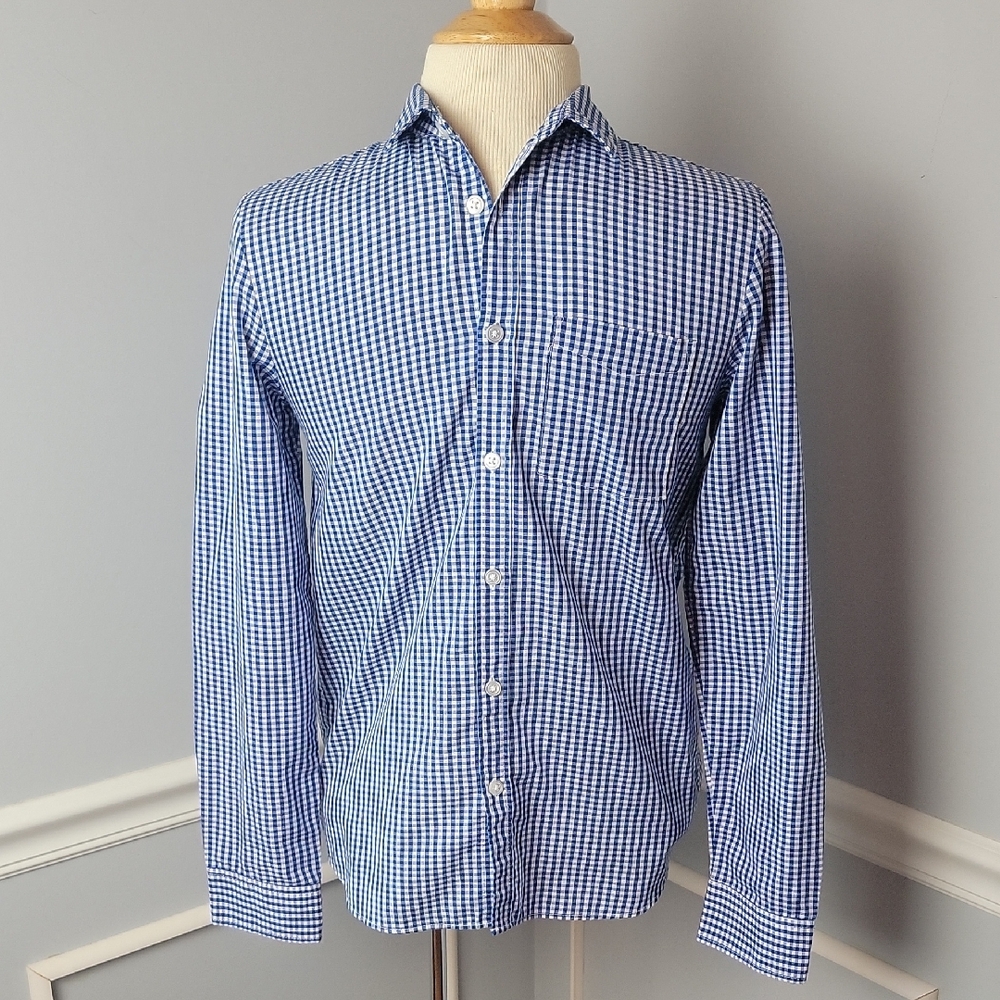 H&M Easy Iron Blue White Gingham Checkered Plaid Preppy Button Down Shirt 12-13Y